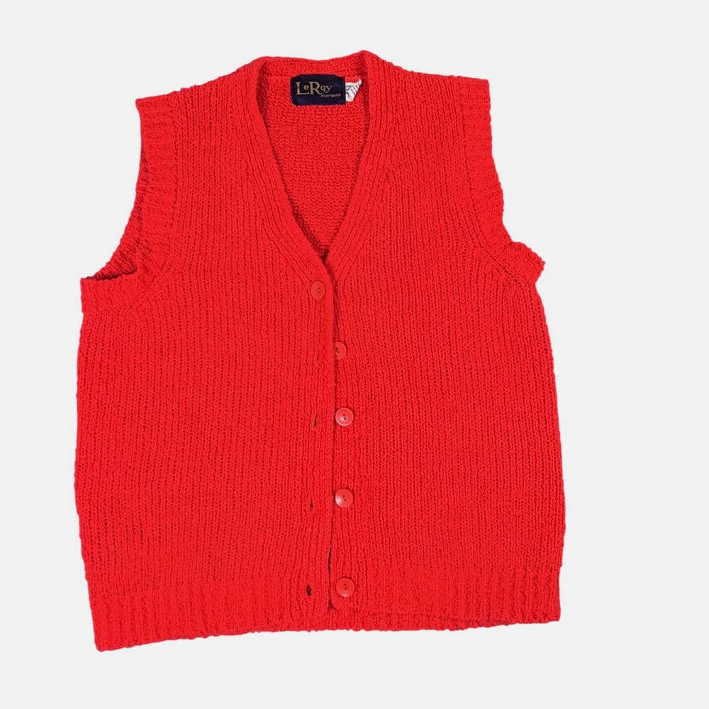 VNTG LeRoy Knitwear Red Button Front Cardigan Vest V-Neck Acrylic L grandmacore